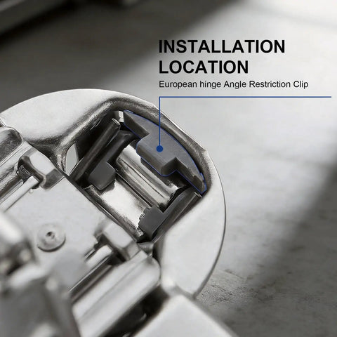 Close-up of 50 Pack Cabinet Hinge Restrictor Clips, 90 Degree Stop for soft-close hinges installation location