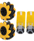 Front view of Mecanum wheel set showing two yellow rubber-coated wheels and two TT geared motor modules.