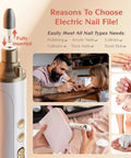 Top Shelf Electric Nail File Kit With Fifteen Speed Settings To Knock Out Stubborn Calluses And Rough Toenails Smooths Fingernails, handheld, with bit attachment, shown in use.
