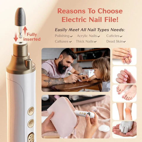 Top Shelf Electric Nail File Kit With Fifteen Speed Settings To Knock Out Stubborn Calluses And Rough Toenails Smooths Fingernails, handheld, with bit attachment, shown in use.