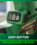 Close-up of mode selection button on 18 Volt Cordless Brushless 16 Gauge Finish Nailer Kit With 2.0Ah Battery Drives One To Two And A Half Inch Nails For Trim Cabinetry And Finishing Projects A Handy Handyman Favorite