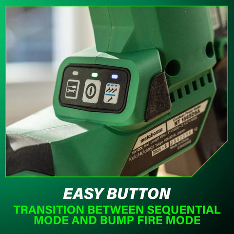 Close-up of mode selection button on 18 Volt Cordless Brushless 16 Gauge Finish Nailer Kit With 2.0Ah Battery Drives One To Two And A Half Inch Nails For Trim Cabinetry And Finishing Projects A Handy Handyman Favorite