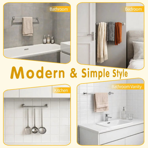 Slick Heavy Duty Towel Bar For Modern Bathroom With Premium Grade Brushed Nickel Finish Two Piece Split Wall Mount Rack Straight Up Built For Easy Hanging in bathroom setting.