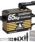 Waterproof 65Kg Beefy Torque Low Profile Brushless RC Steering Servo with accessories for 1/8 and 1/10 scale vehicles.