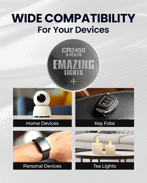 CR2450 3V Lithium Coin Cell Battery 20 Pack Heavy Duty Button Cells displayed with home devices, key fobs, personal devices, and tea lights.