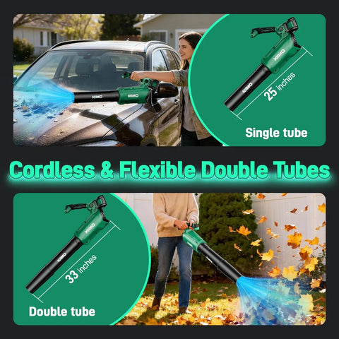 Cordless Leaf Blower With Battery And Charger, 800 CFM At 300 MPH, Three Speed With Visual Panel, shown with double tubes.