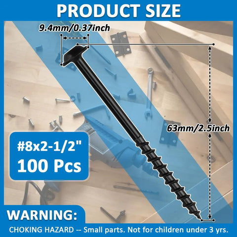 Tough As Nails Rust Resistant Black Pocket Hole Screws 2.5 Inch 100 Pack shown with dimensions on wood surface