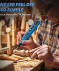 HARDELL blue cordless rotary tool in hand, carving wood with shavings in a workshop.