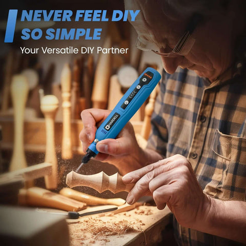 HARDELL blue cordless rotary tool in hand, carving wood with shavings in a workshop.