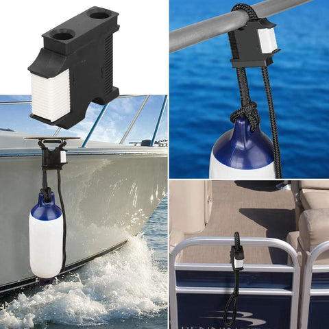 Two Kuuleyn quick-connect boat fender hangers for 1in rails; marine-grade stainless steel cleat clips.