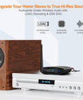 Bluetooth 5.3 Receiver For Home Stereo With LDAC And Built In DAC on stereo with speaker, showing HiFi setup