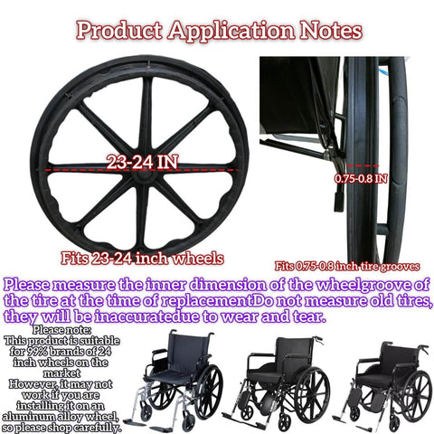 Universal 24 Inch No Flat Polyurethane Wheelchair Tires Pair With Mounting Tools And Straps Included Fits Nine Spoke 24 Inch Plastic Wheels From All Brands shown with wheel and installation notes