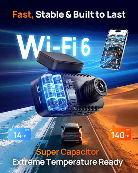 4K Front And 1080P Rear Dash Cam With 5GHz WiFi 6, 4G LTE Remote Access, showing super capacitor for extreme temperature