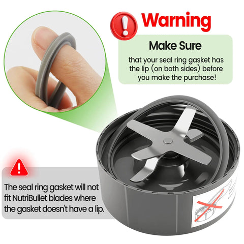 Two Pack Replacement Rubber Gasket Seals For 600W And 900W Blenders, Durable Lip Seal Rings Fits NutriBullet Pro 900 Series Cups And Lids, Easy Install, Keeps Blends Smooth And Leak Free, Long Lasting. Gray silicone gasket ring shown on blender blade cup with fit warning