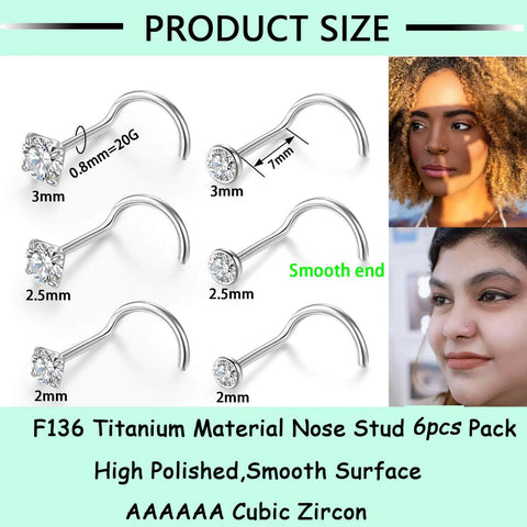 Premium Titanium Corkscrew Nose Studs With Cubic Zirconia Tops, 20g Hypoallergenic Silver Nose Ring Set For Women And Men, Clean Fit Everyday Jewelry Six Pack Fresh Picks Real Ones Drip, 6 styles shown.