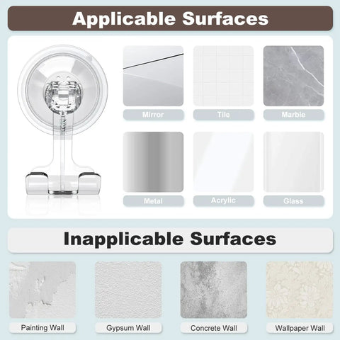 Clear Suction Cup Razor Holder 2-Pack For Shower showing applicable surfaces like glass, tile, metal, and marble with a clear holder.