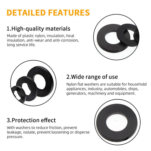 500 Piece Nylon Flat Washer Set Eight Sizes M2 M2.5 M3 M4 M5 M6 M8 M10 Black Sealing Spacer Gasket Ring Washers detailed features