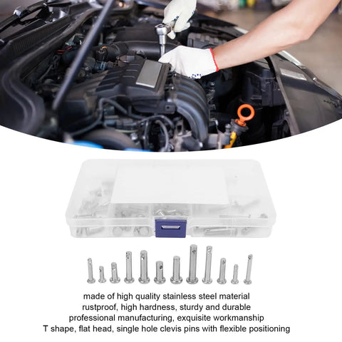 Mechanic using T Shape Stainless Steel Clevis Pins Set In 12 Sizes With Single Hole Flat Head M3 M4 M5 near organized storage box.