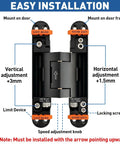 Diagram of 7 inch heavy duty self closing hidden door hinge with adjustable speed control showing mounting and adjustment details