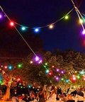 Outdoor party with colored lights using Purple Shatterproof 1W LED G40 Globe Bulbs For Indoor Outdoor Patio String Lights With E12 C7 Candelabra Base Durable Plastic Build 15 Pack Perfect For Patio Decor And Parties hanging overhead.