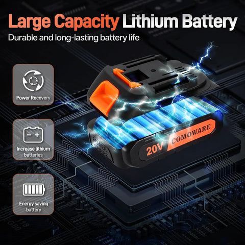 20V Cordless Drill Kit That Tackles Tough Jobs Like a Pro, Two-Speed Power Drill With Three-Eighths Inch Keyless Chuck, 266 In-Lb Torque, 25+1 Position Clutch, Includes Battery and Charger, Great for DIY, Home Improvement, Orange and More with large capacity lithium battery visible