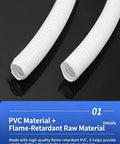 Badass Flexible PVC Corrugated Conduit For Electrical Wiring And Cable Routing With Flame Retardant Protection Heavy Duty Milk White Tubing on black background.