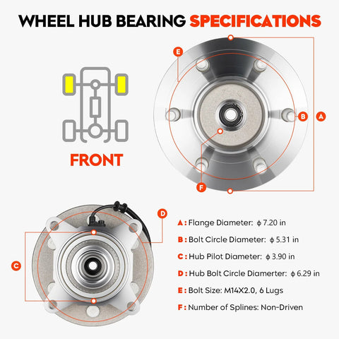 Front view of Front Wheel Hub Bearing Assembly Compatible With 2004 2005 F150 4WD 6 Lug With ABS Replacement 515046 1pc