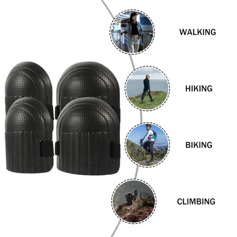 Built Tough Four Pack Black Heavy Duty Knee Pad Inserts For Work Pants Anti Slip Grip Breathable Padding shown for hiking, biking, climbing.