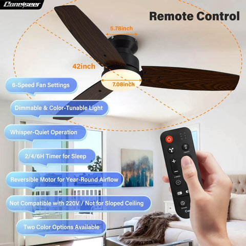 42 Inch Flush Mount Ceiling Fan With Slick Black And Warm Wood Blades Super Quiet Dc Motor showcasing remote control features in modern living space.