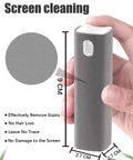 On The Go Screen Cleaning Kit With Spray And Microfiber Wipes For Car Displays, Phones, Tablets, Laptops, Computers And Eyewear, shown held, 9 cm size.