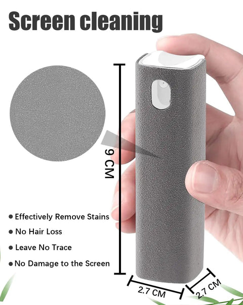 On The Go Screen Cleaning Kit With Spray And Microfiber Wipes For Car Displays, Phones, Tablets, Laptops, Computers And Eyewear, shown held, 9 cm size.