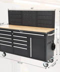 61 Inch Rolling Tool Chest With 10 Drawers Garage Workbench Storage Cabinet And Power Strip Solid Rubber Wood Top Beefy Steel Build Black Finish With Locking Casters