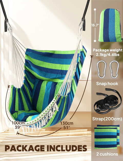 Hammock Chair Swing With Cushions Included Cozy And Chill, Easy Hanging With Strong Webbing Straps And Hooks, Soft Cotton, Blue Green