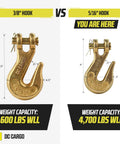 Comparison of 3/8-inch hook vs G70 Five Sixteenth Inch Chain Hook Pack Of Four Heavy Duty Clevis Grab Hooks for Grade 70 Chain with 4700 lb WLL.