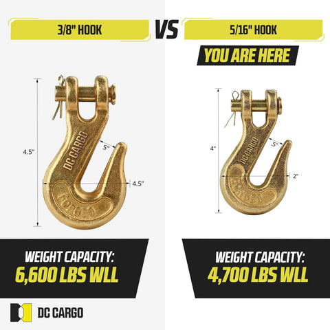 Comparison of 3/8-inch hook vs G70 Five Sixteenth Inch Chain Hook Pack Of Four Heavy Duty Clevis Grab Hooks for Grade 70 Chain with 4700 lb WLL.