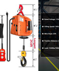 Diagram of Electric Portable Hoist Winch 1500Lbs 3 In 1 Lift System with 25 ft cable showing dimensions and control features.