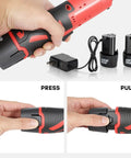 Hands holding Cordless Ratchet Wrench Set 3 by 8 Inch 12V Max, 400RPM, 45 Nm Torque with battery charger and two batteries visible
