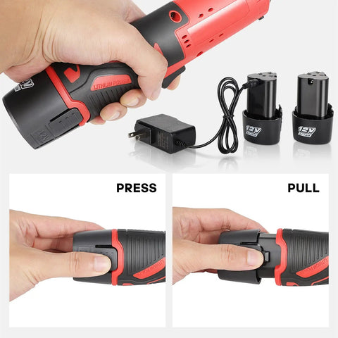 Hands holding Cordless Ratchet Wrench Set 3 by 8 Inch 12V Max, 400RPM, 45 Nm Torque with battery charger and two batteries visible