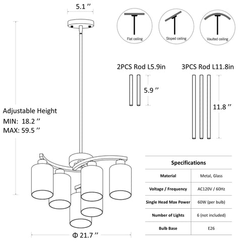 Diagram of 6 Light Modern Farmhouse Black Chandelier For Dining Room, adjustable height, clear glass, installation options, specifications chart