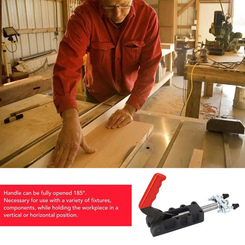 Beefy Double Head Push Pull Clamp, 2500kg Capacity and 75mm Stroke for welding shown on workbench with handle open 185°