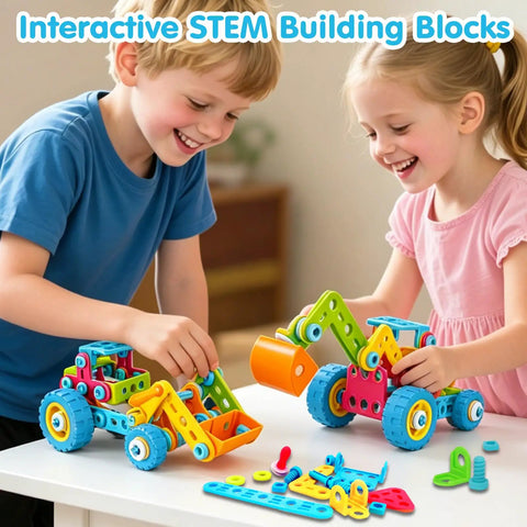 Children playing with Six In One Stem Building Toys For Kids Aged Four To Eight With 118 Colorful Pieces And Easy To Follow Instructions.
