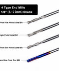 One Eighth Inch Shank CNC Router Bit Set Four In One with two flute flat nose, ball nose, nano blue coat, single flute spiral bits