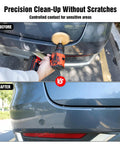 Eraser Wheel Decal Remover Tool Kit with 3 Upgraded Rubber Wheels used on car bumper before and after cleaning