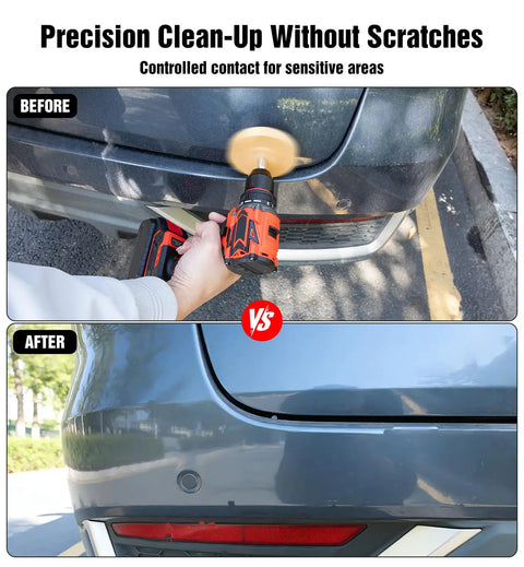 Eraser Wheel Decal Remover Tool Kit with 3 Upgraded Rubber Wheels used on car bumper before and after cleaning