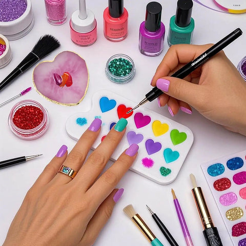 Two Pack Resin Nail Art Palette With Gold Edge Mixing Tray featuring a heart shape in purple and nail design tools for artists
