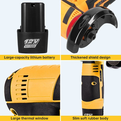 Cordless Mini Angle Grinder Tool With 19500 RPM Power, 76mm Cutting Disc, Dual Battery Pack details like shield, battery, and body