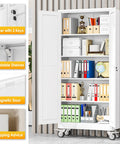 71 Inch Tall Metal Garage Storage Cabinet On Wheels With Two Doors And Four Adjustable Shelves Built Tough For Home Office Garage Or Warehouse Use White, shown in use with files and decor items.