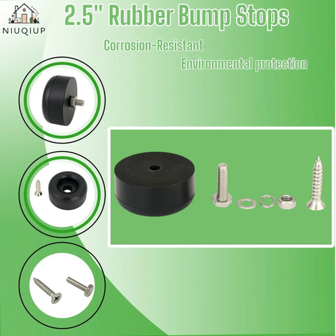 Four Pack 2.5 Inch Heavy Duty Rubber Bumpers for Trailer Ramps and Truck Cargo Doors with hardware kit on green background