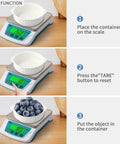 Rechargeable Kitchen Scale Pro Grade Ultra Precise 0.2g Accuracy, 22lb Capacity In 304 Stainless Steel With Backlit LCD showing tare function.