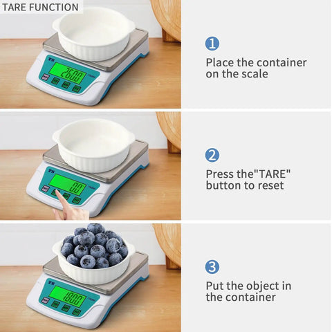Rechargeable Kitchen Scale Pro Grade Ultra Precise 0.2g Accuracy, 22lb Capacity In 304 Stainless Steel With Backlit LCD showing tare function.